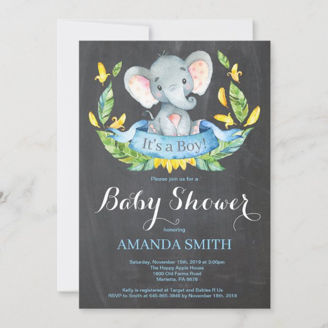 Boy Elephant Baby Shower Invitation Chalkboard (Front)
