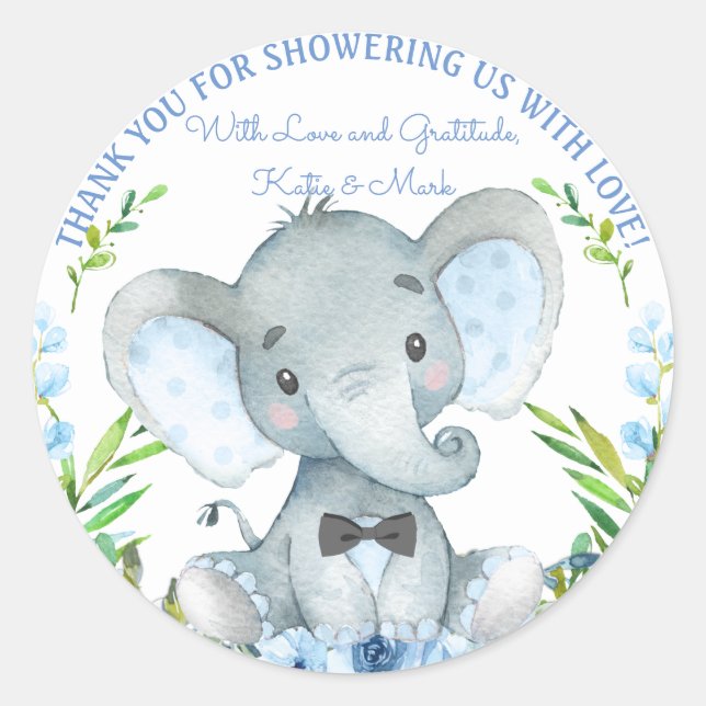 Boy Elephant Baby Shower Stickers (Front)