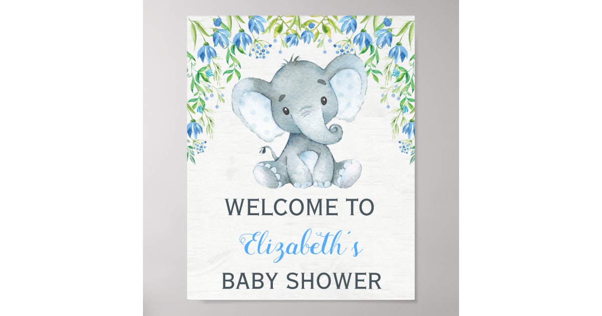 Boy Elephant Baby Shower Sign Blue Floral Zazzle