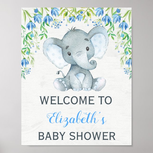 Boy Elephant Baby Shower Welcome Sign Blue Floral (Front)