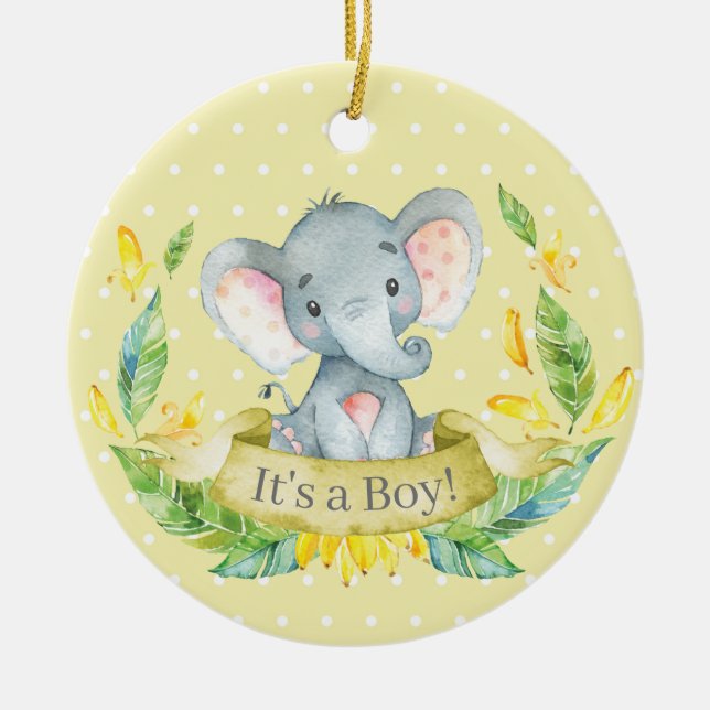 Boy Elephant Baby Shower Yellow Ceramic Tree Decoration (Front)