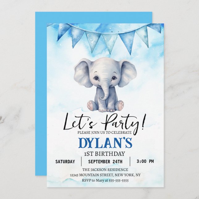 Boy Elephant Birthday Party Invitation (Front/Back)