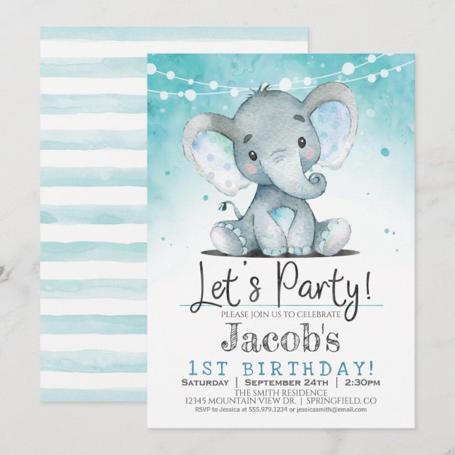 Boy Elephant Birthday Party Invitation (Front/Back)