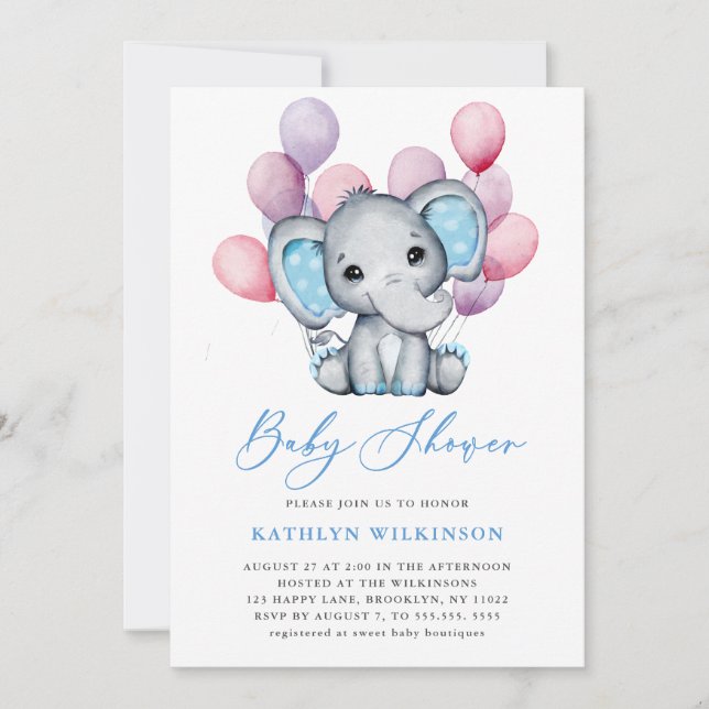 Boy Elephant Blue Balloon Script Cute Baby Shower Invitation (Front)