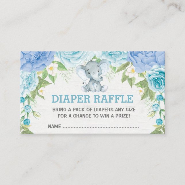 Boy Elephant Blue Floral Baby Diaper Raffle Enclosure Card (Front)