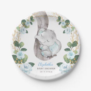 Boy Elephant Blue Gold Floral Greenery Baby Shower Paper Plate