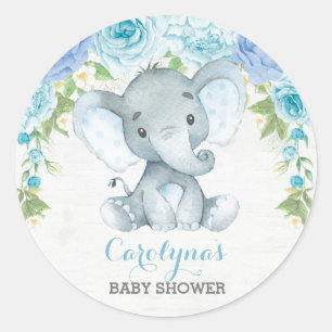 Boy Elephant Blue Rose Peony Baby Shower Favours Classic Round Sticker
