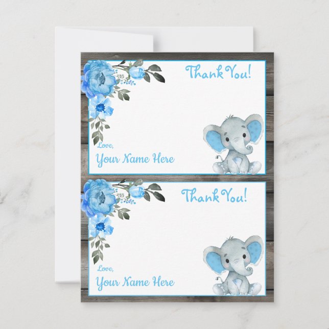 Boy Elephant Blue Two Per Page Thank You Cards  (Front)