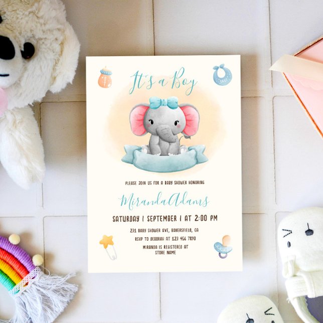 Boy Elephant Blue Watercolor Baby Shower Invitation (Creator Uploaded)