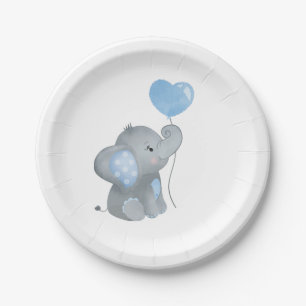 Boy Elephant Blue Watercolor Baby Shower Paper Plate
