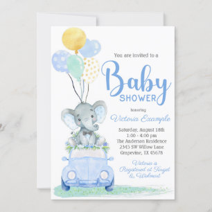 Boy Elephant Bow Tie Car Baby Shower Invitation