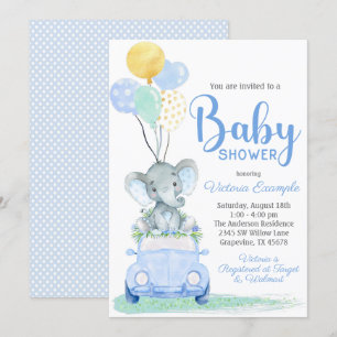 Boy Elephant Car Baby Shower Invitation