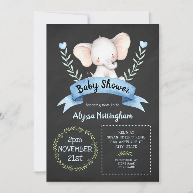 Boy elephant chalkboard baby shower invitation (Front)