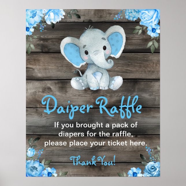 Boy Elephant Diaper Raffle Baby Shower Game Sign  (Front)