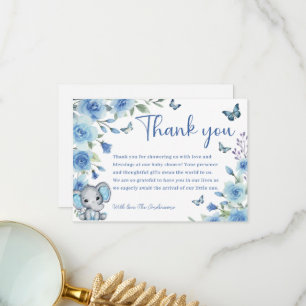 Boy Elephant Dusty Blue Rose Baby Shower  Thank You Card
