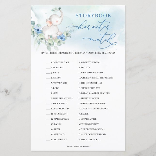 Boy Elephant Eucalyptus Storybook Character Match (Front)