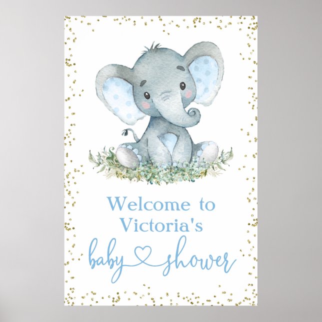 Boy Elephant Gold Glitter Baby Shower Welcome Sign (Front)