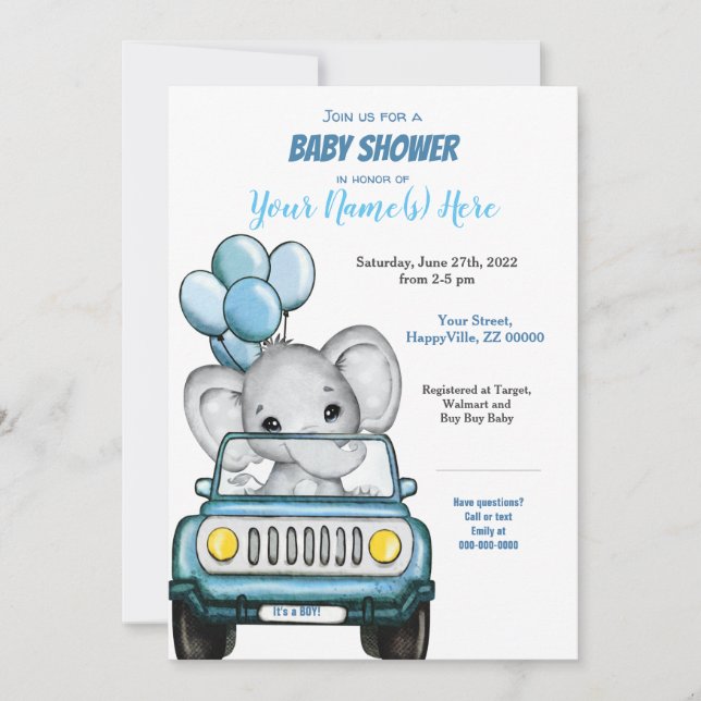Boy Elephant in Car Baby Shower Invitation (Front)