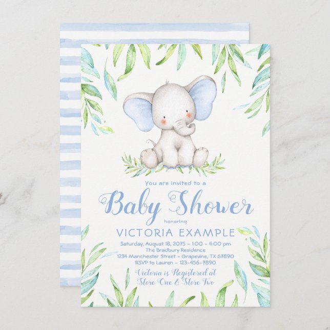 Boy Elephant Jungle Baby Shower Invitations (Front/Back)