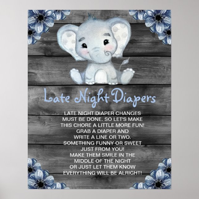Boy Elephant Late Night Diapers Baby Shower Game Poster (Front)
