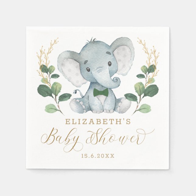 Boy Elephant Little Gentleman Greenery Baby Shower Napkin (Front)