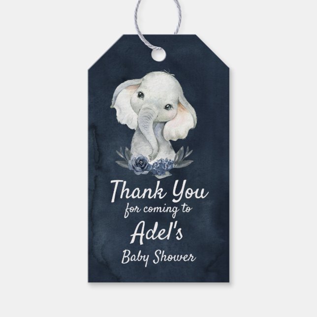 Boy Elephant Navy Baby Shower Gift Tag Dark Blue (Front)