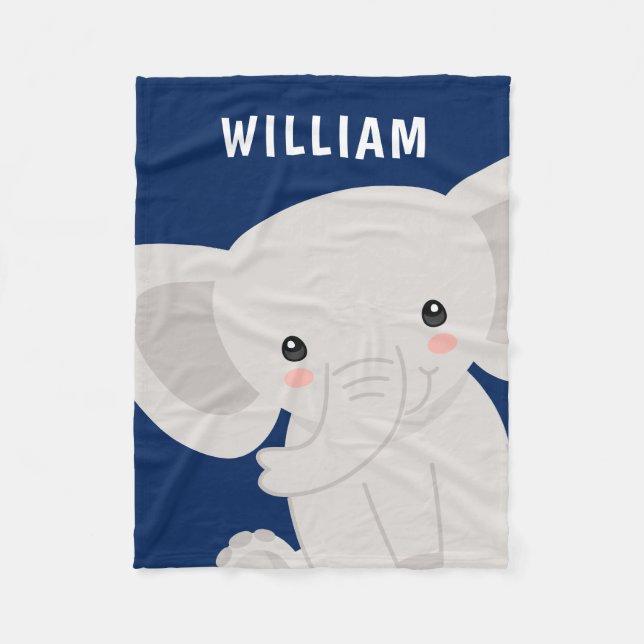 Boy Elephant Navy Blue Personalised Fleece Blanket (Front)