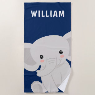 Boy Elephant Navy Blue Personalised Kids Beach Towel