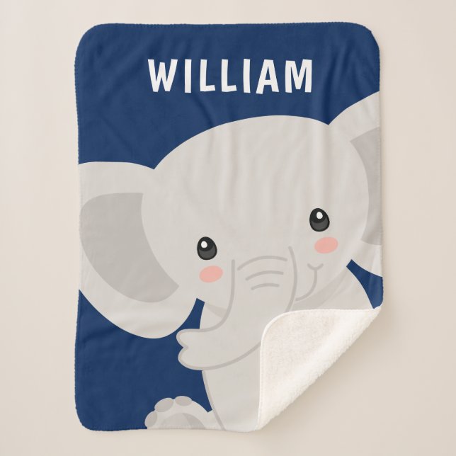 Boy Elephant Navy Blue Personalised Sherpa Blanket (Front)