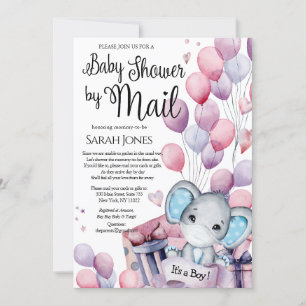 Boy Elephant Pink Balloons Baby Shower by Mail Invitation