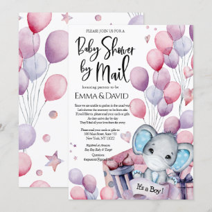 Boy Elephant Pink Balloons Baby Shower by Mail Invitation
