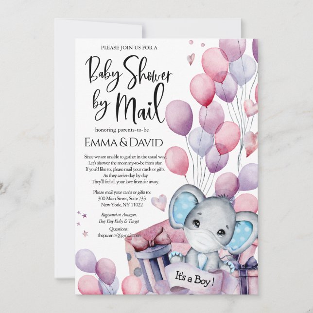 Boy Elephant Pink Balloons Baby Shower by Mail Invitation (Front)