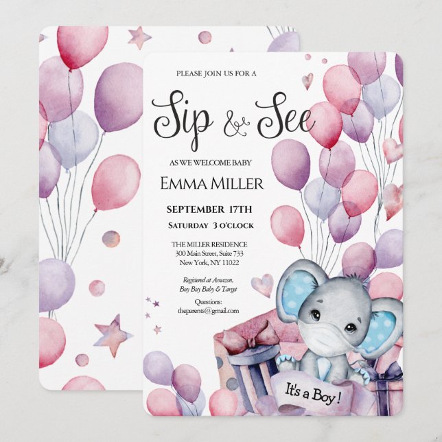 Boy Elephant Pink Balloons Baby Sip and See  Invitation (Front/Back)