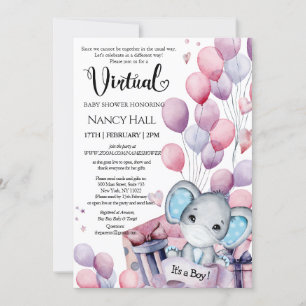 Boy Elephant Pink Balloons Virtual Baby Shower Invitation