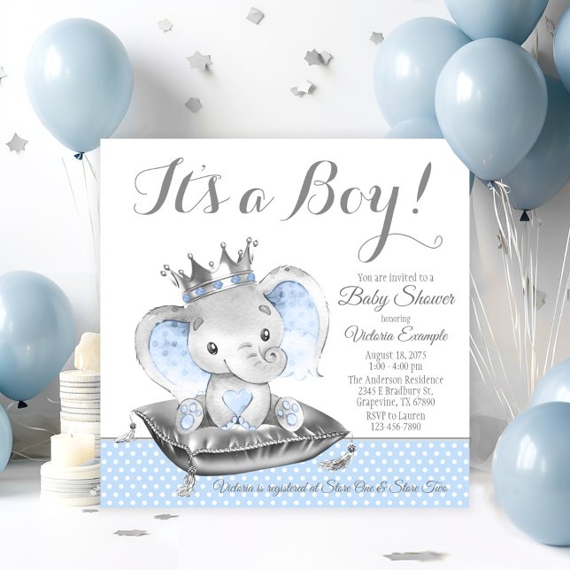 Boy Elephant Prince Baby Shower Invitation (Adorable baby boy elephant prince baby shower invitation. Simply add your event details.)