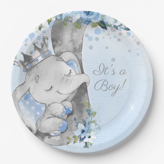 Boy Elephant Prince Baby Shower Paper Plate (Front)