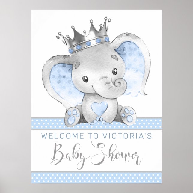 Boy Elephant Prince Baby Shower Welcome Sign (Front)