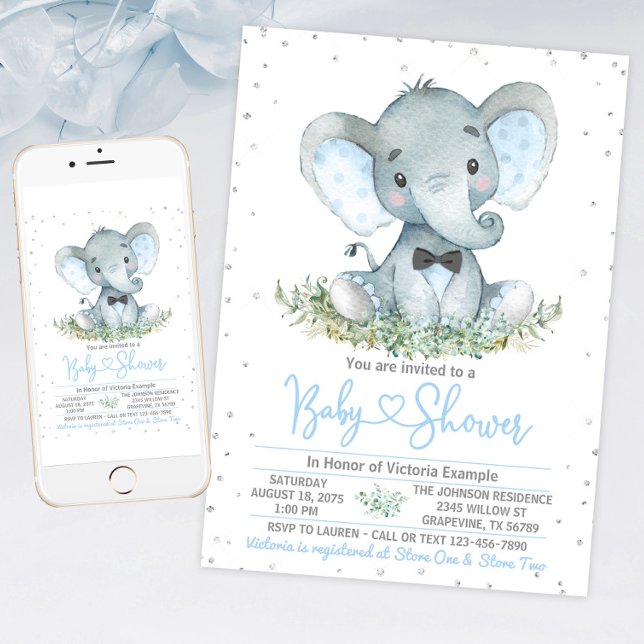 Boy Elephant Tie Glitter Baby Shower Invitation (Boy elephant baby shower invitation with cute baby elephant. For instant download and print.)