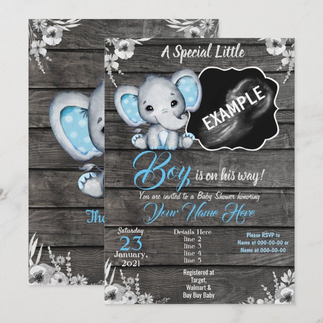 Boy Elephant Ultrasound Photo Invitation Blue (Front/Back)