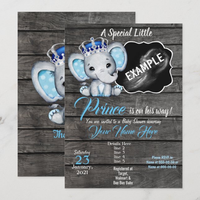 Boy Elephant Ultrasound Photo Invitation Blue (Front/Back)