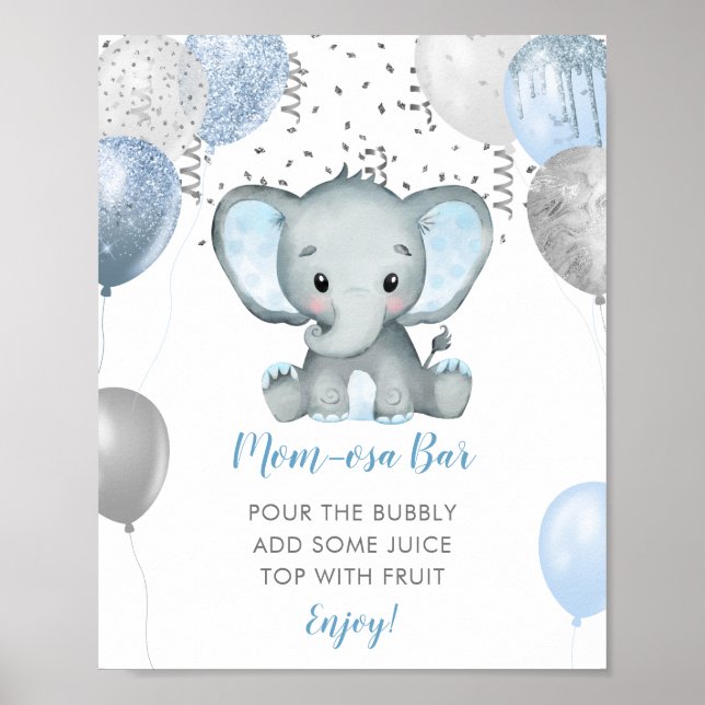 Boy Elephant Watercolor Baby Shower Momosa Bar Poster (Front)
