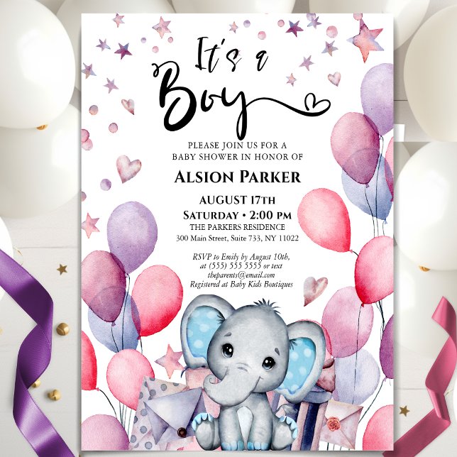 Boy Elephant Watercolor Blue Balloons Baby Shower Invitation (Creator Uploaded)