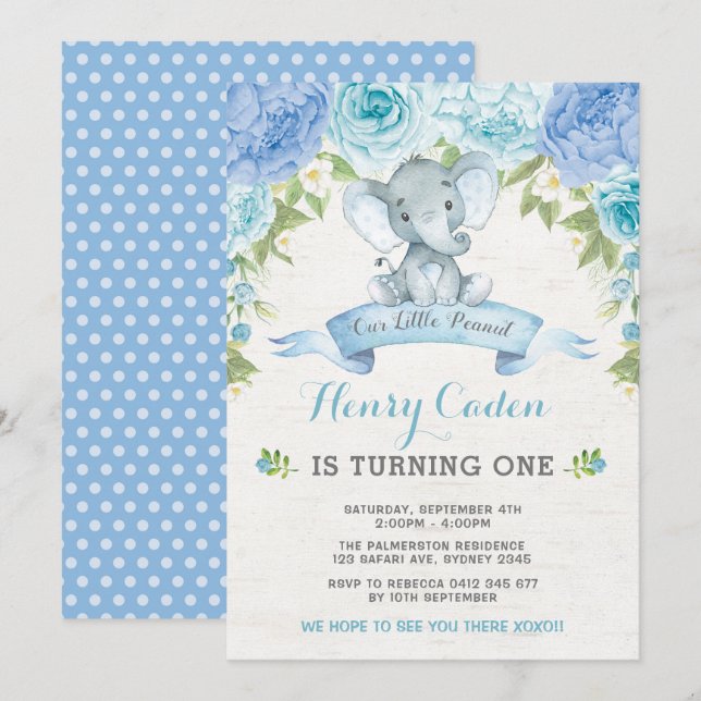 Boy Elephant Watercolor Blue Roses 1st Birthday Invitation (Front/Back)