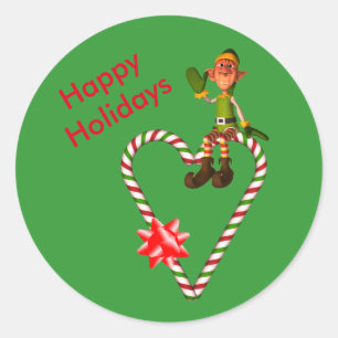 Boy Elf Candy Cane Heart Christmas Holiday  Classic Round Sticker