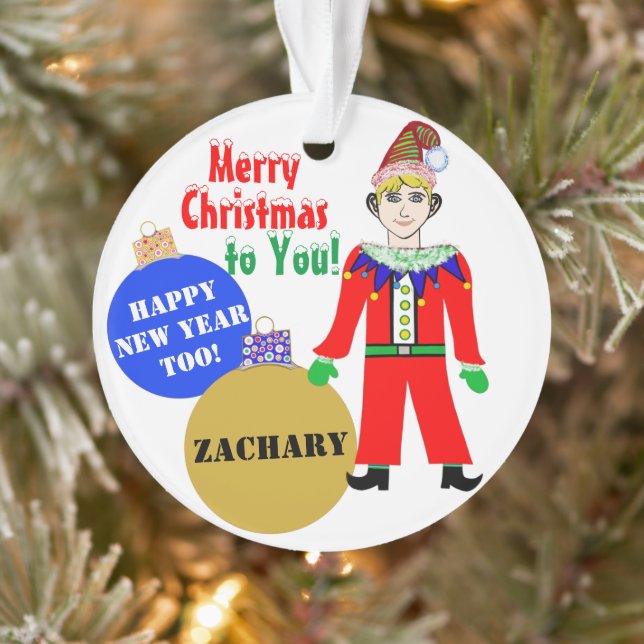 Boy Elf Christmas NAME Blue Gold Ornaments (Tree)