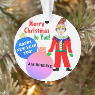 Boy Elf Christmas NAME Blue Pink Ornaments