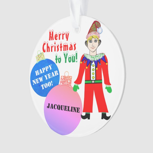Boy Elf Christmas NAME Blue Pink Ornaments (Front)
