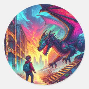 Boy Encounters a Dragon in a Dystopian World Classic Round Sticker