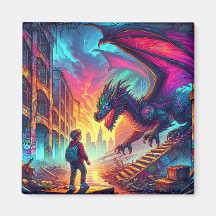 Boy Encounters a Dragon in a Dystopian World Magnet