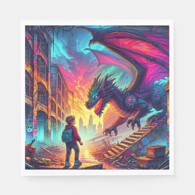 Boy Encounters a Dragon in a Dystopian World Napkin (Front)